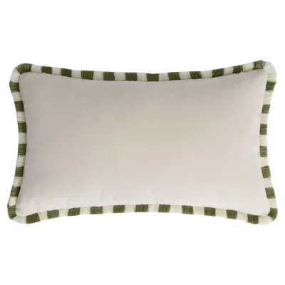 Pre-owned Lo Decor Bicolor Happy Pillow White Velvet With Green And White Fringes