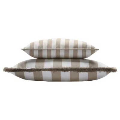 Pre-owned Lo Decor Couple Striped Happy Pillow Outdoor Fringes And Piping Beige And White