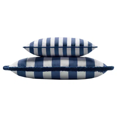 Pre-owned Lo Decor Couple Striped Happy Pillow Outdoor Fringes And Piping Blue And White