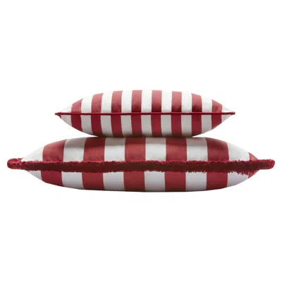 Pre-owned Lo Decor Couple Striped Happy Pillow Outdoor Fringes And Piping Red And White