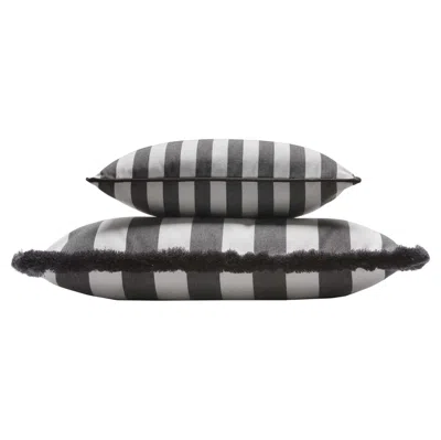 Pre-owned Lo Decor Couple Striped Happy Pillow Outdoor Fringes And Piping White And Carbon