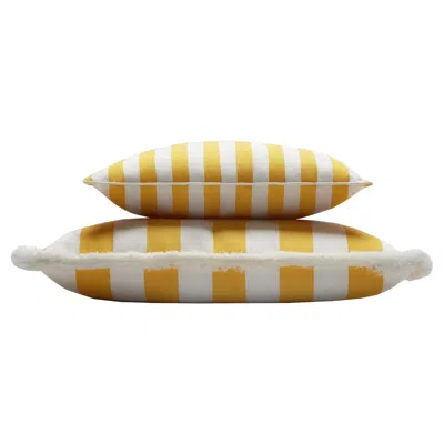 Pre-owned Lo Decor Couple Striped Happy Pillow Outdoor Fringes And Piping Yellow And White