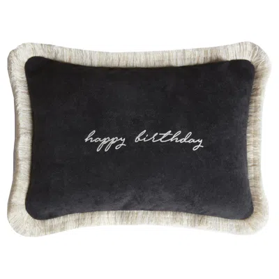 Pre-owned Lo Decor Happy Birthday Cushion Black Velvet With White Fringes