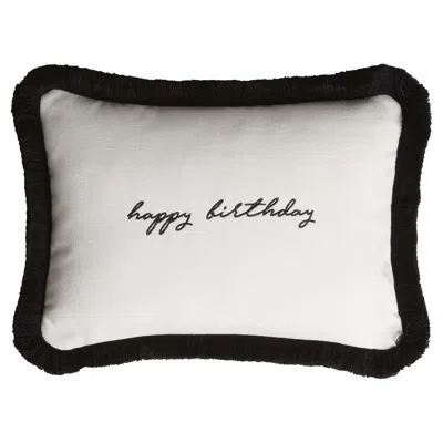 Pre-owned Lo Decor Happy Birthday Cushion White Velvet With Black Fringes
