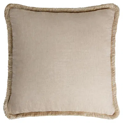 Pre-owned Lo Decor Happy Linen Pillow Beige With Beige Fringes In Brown
