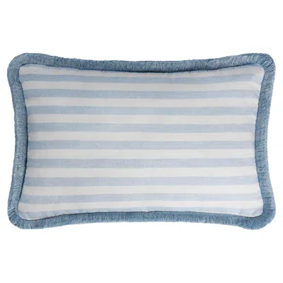 Pre-owned Lo Decor Happy Linen Pillow Striped Light Blue With Light Blue Fringes