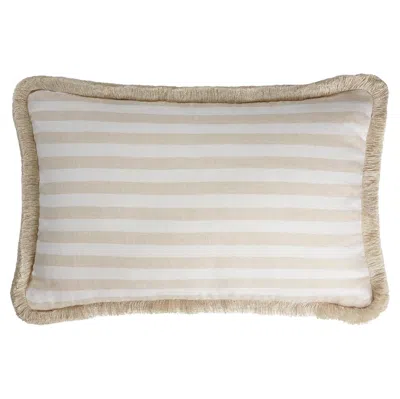 Pre-owned Lo Decor Happy Linen Pillow Striped White Beige With Beige Fringes