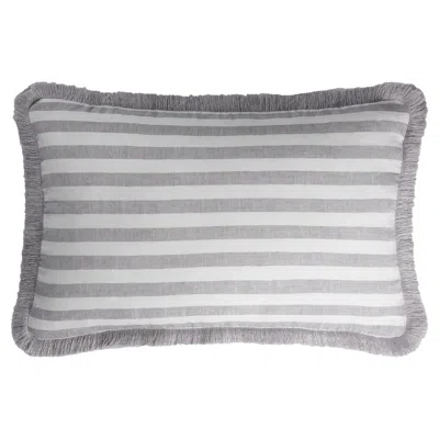Pre-owned Lo Decor Happy Linen Pillow Striped White Grey With Grey Fringes