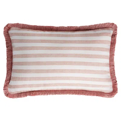 Pre-owned Lo Decor Happy Linen Pillow Striped White Light Pink With Light Pink Fringes
