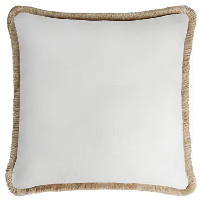 Pre-owned Lo Decor Happy Linen Pillow White With Beige Fringes