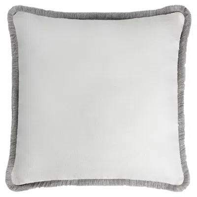 Pre-owned Lo Decor Happy Linen Pillow White With Gray Fringes