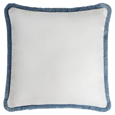 Pre-owned Lo Decor Happy Linen Pillow White With Light Blue Fringes