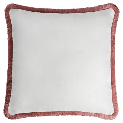 Pre-owned Lo Decor Happy Linen Pillow White With Light Pink Fringes