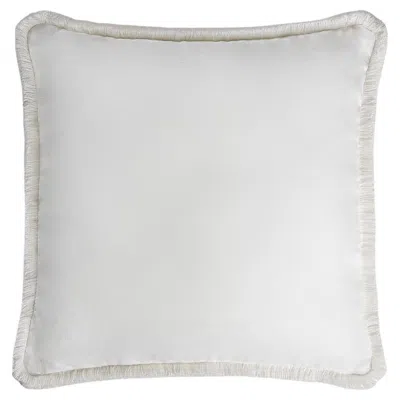 Pre-owned Lo Decor Happy Linen Pillow White With White Fringes