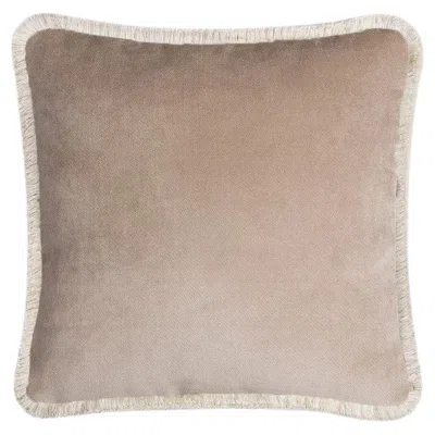 Pre-owned Lo Decor Happy Pillow 40 Velvet Beige With Cream Fringes In White
