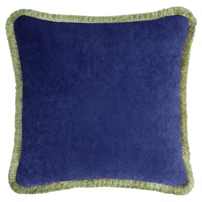 Pre-owned Lo Decor Happy Pillow 40 Velvet Blue With Green Fringes