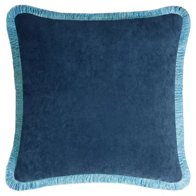 Pre-owned Lo Decor Happy Pillow 40 Velvet Blue With Light Blue Fringes