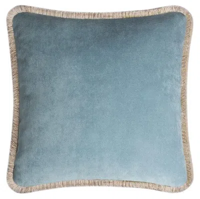 Pre-owned Lo Decor Happy Pillow 40 Velvet Light Blue With Beige Fringes