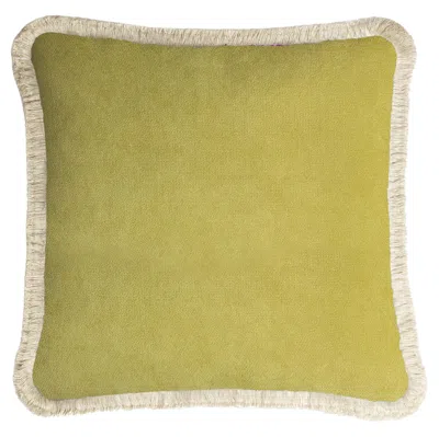 Pre-owned Lo Decor Happy Pillow 40 Velvet Lime With Cream Fringes In White
