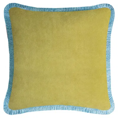 Pre-owned Lo Decor Happy Pillow 40 Velvet Lime With Light Blue Fringes