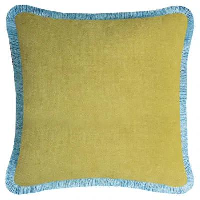 Pre-owned Lo Decor Happy Pillow 40 Velvet Lime With Light Blue Fringes