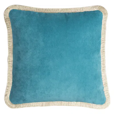 Pre-owned Lo Decor Happy Pillow 40 Velvet Turquoise With Cream Fringes In White