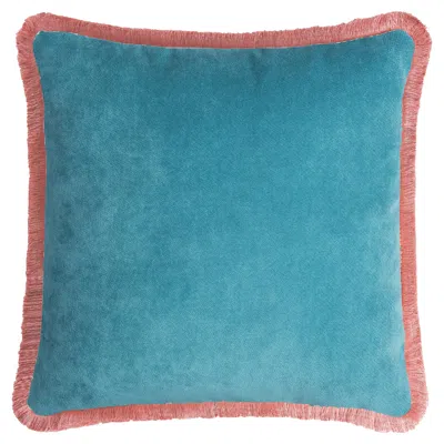 Pre-owned Lo Decor Happy Pillow 40 Velvet Turquoise With Pink Fringes