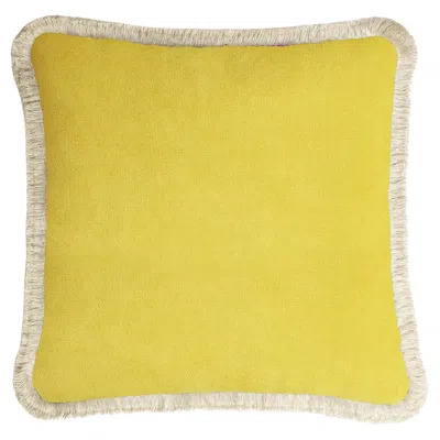 Pre-owned Lo Decor Happy Pillow 40 Velvet Yellow With Cream Fringes