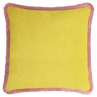 Pre-owned Lo Decor Happy Pillow 40 Velvet Yellow With Pink Fringes
