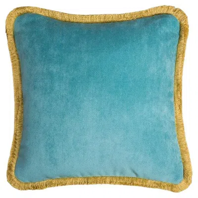 Pre-owned Lo Decor Happy Pillow Light Blue With Yellow Fringes