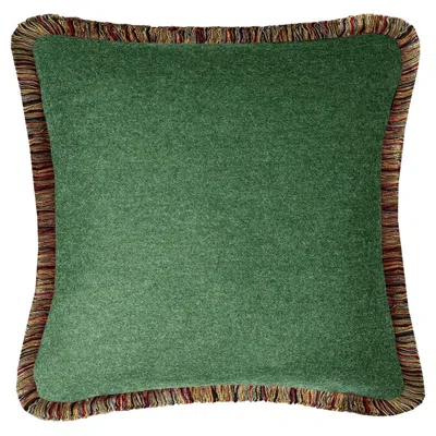 Pre-owned Lo Decor Happy Pillow Mongolia Wool Cushion Green With Multicolor Fringes