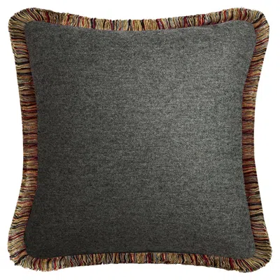 Pre-owned Lo Decor Happy Pillow Mongolia Wool Cushion Grey With Multicolor Fringes In Gray