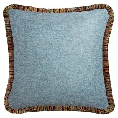 Pre-owned Lo Decor Happy Pillow Mongolia Wool Cushion Light Blue With Multicolor Fringes
