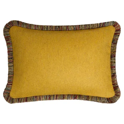 Pre-owned Lo Decor Happy Pillow Mongolia Wool Cushion Mustard With Multicolor Fringes In Yellow
