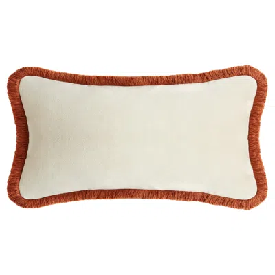 Pre-owned Lo Decor Happy Pillow Rectangle White Velvet With Brick Fringes