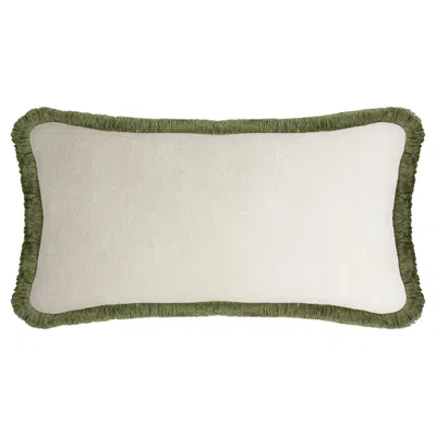 Pre-owned Lo Decor Happy Pillow Rectangle White Velvet With Green Fringes