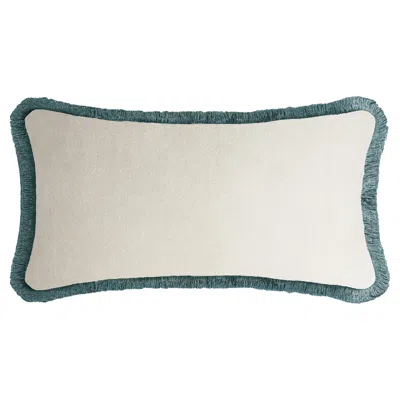 Pre-owned Lo Decor Happy Pillow Rectangle White Velvet With Teal Fringes