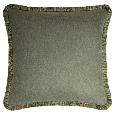 Pre-owned Lo Decor Happy Pillow Svezia Wool Cushion Green With Multicolor Fringes
