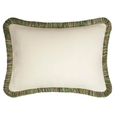 Pre-owned Lo Decor Happy Pillow Svezia Wool Cushion White With Multicolor Fringes