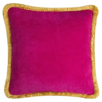 Pre-owned Lo Decor Happy Pillow Velvet Fuchsia With Yellow Fringes