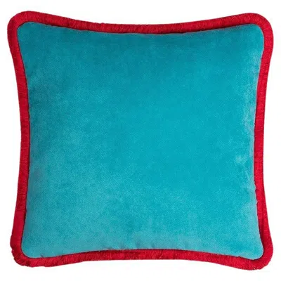 Pre-owned Lo Decor Happy Pillow Velvet Light Blue With Red Fringes