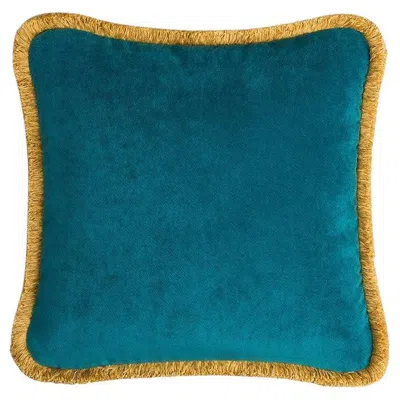Pre-owned Lo Decor Happy Pillow Velvet Teal With Yellow Fringes
