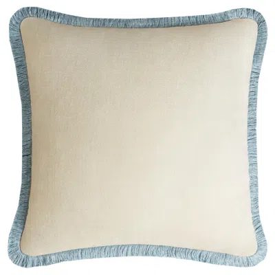 Pre-owned Lo Decor Happy Pillow White Velvet With Light Blue Fringes