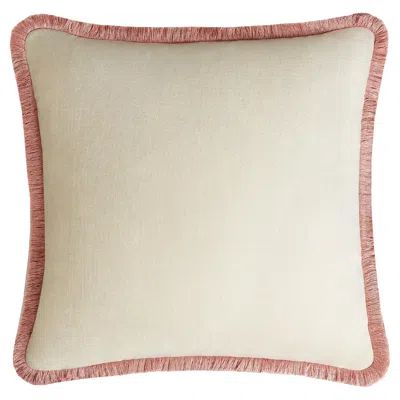 Pre-owned Lo Decor Happy Pillow White Velvet With Light Pink Fringes
