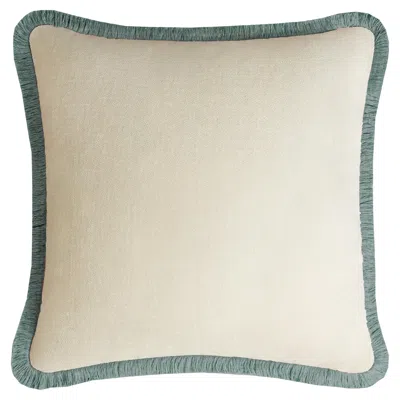 Pre-owned Lo Decor Happy Pillow White Velvet With Teal Fringes