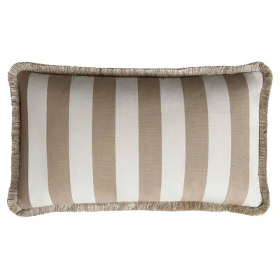 Pre-owned Lo Decor Striped Happy Pillow Outdoor With Fringes Beige And White