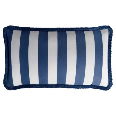 Pre-owned Lo Decor Striped Happy Pillow Outdoor With Fringes White And Blue Water Repellent
