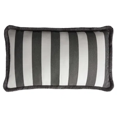 Pre-owned Lo Decor Striped Happy Pillow Outdoor With Fringes White And Carbon Water Repellent