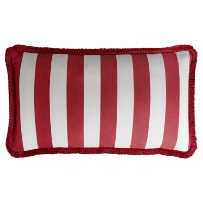 Pre-owned Lo Decor Striped Happy Pillow Outdoor With Fringes White And Red Water Repellent