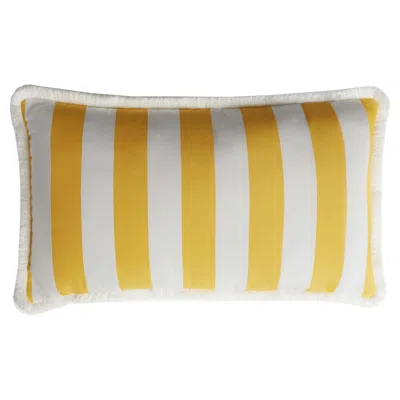 Pre-owned Lo Decor Striped Happy Pillow Outdoor With Fringes White And Yellow Water Repellent
